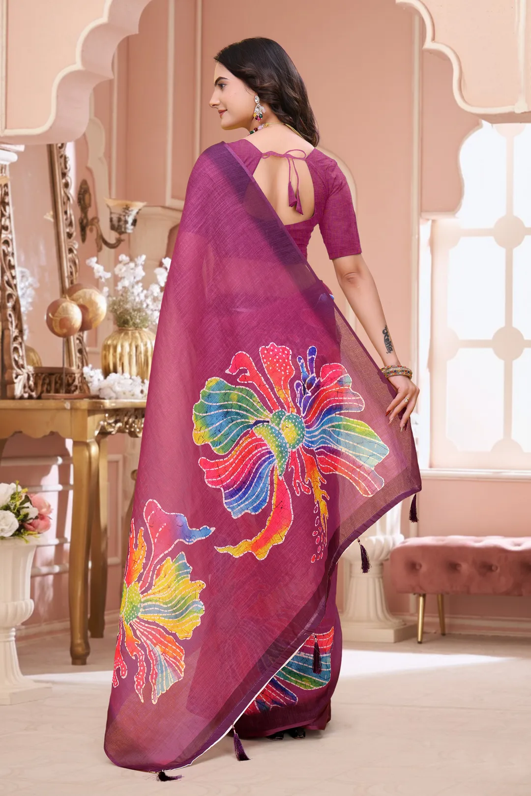 Wine Linen Cotton Floral Print Saree with Art Border