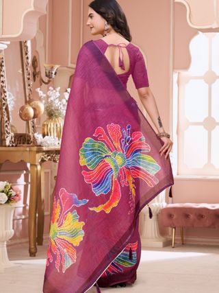 Wine Linen Cotton Floral Print Saree with Art Border
