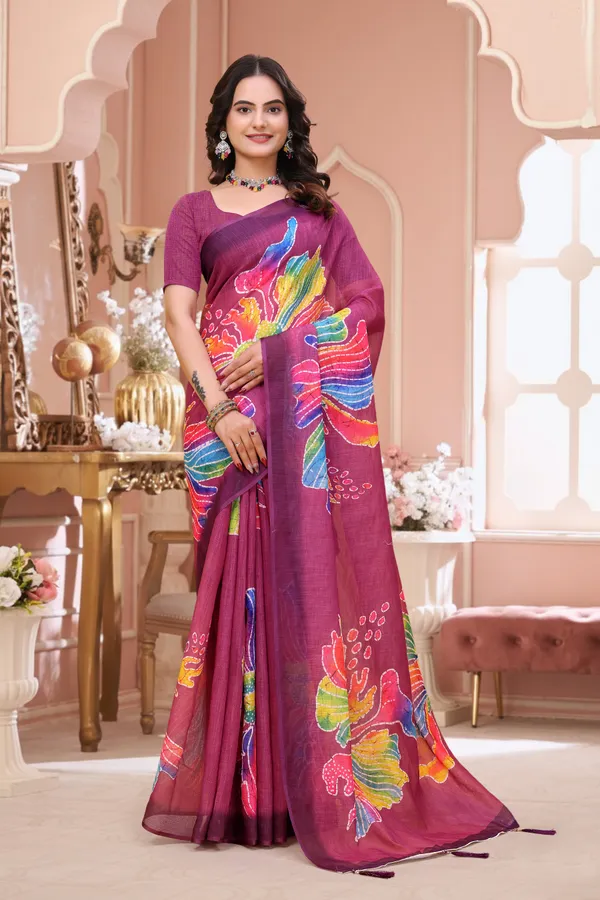 Wine Linen Cotton Floral Print Saree with Art Border