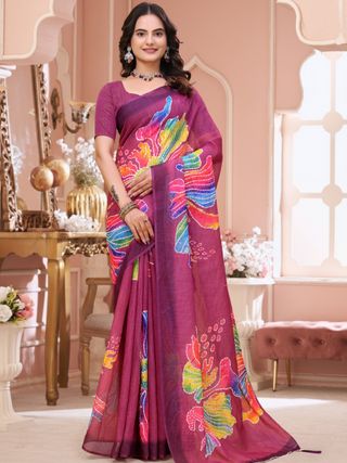 Wine Linen Cotton Floral Print Saree with Art Border