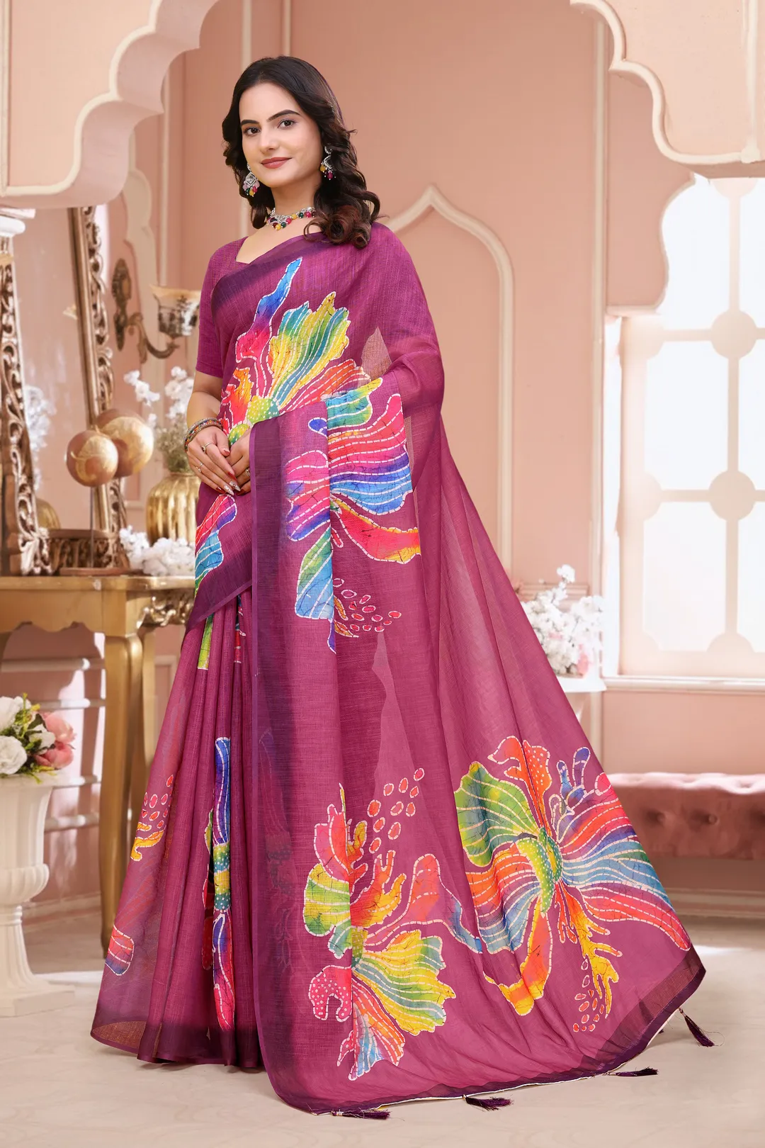 Wine Linen Cotton Floral Print Saree with Art Border