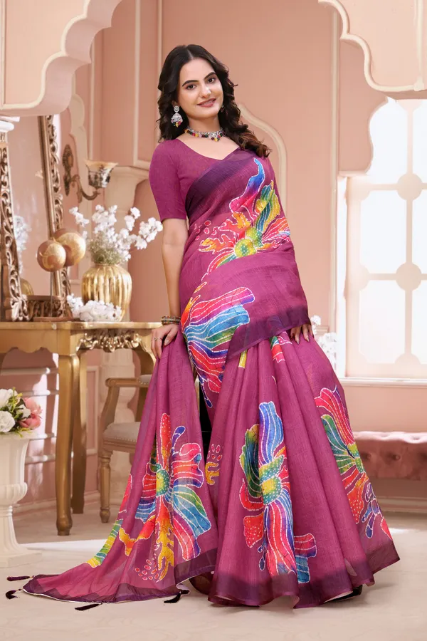 Wine Linen Cotton Floral Print Saree with Art Border