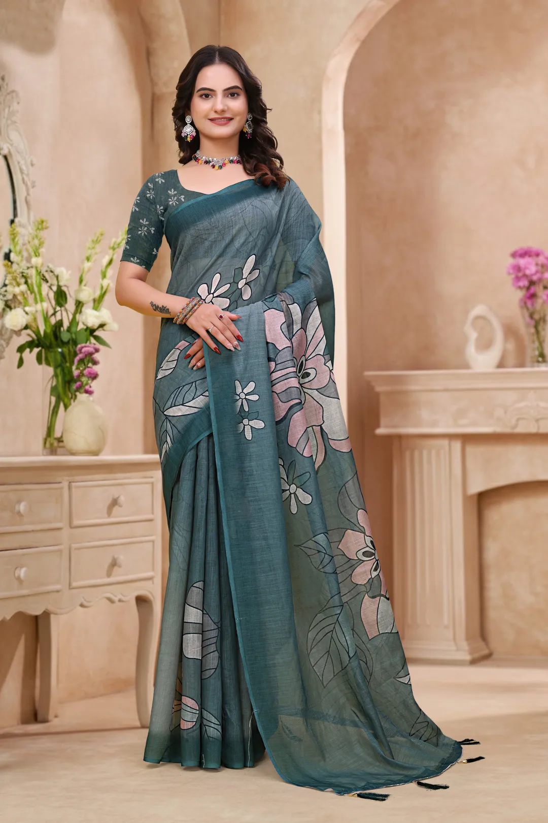 Teal Blue Linen Cotton Floral Printed Saree with Blouse Set