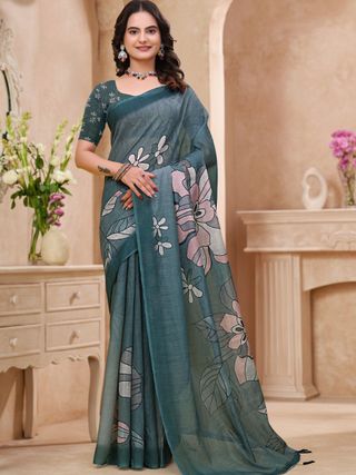 Teal Blue Linen Cotton Floral Printed Saree with Blouse Set