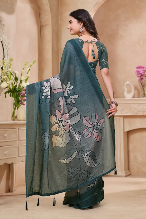Teal Blue Linen Cotton Floral Printed Saree with Blouse Set