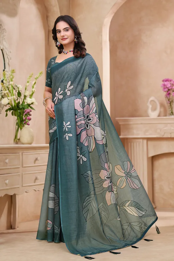 Teal Blue Linen Cotton Floral Printed Saree with Blouse Set