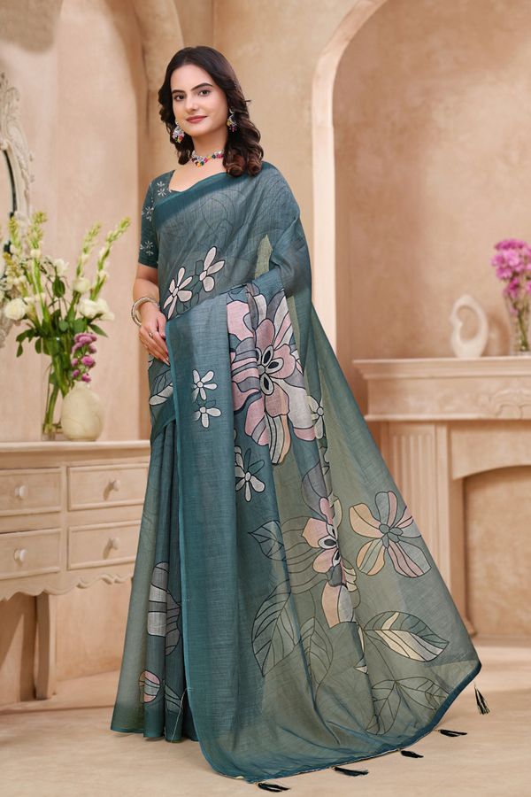 Teal Blue Linen Cotton Floral Printed Saree with Blouse Set