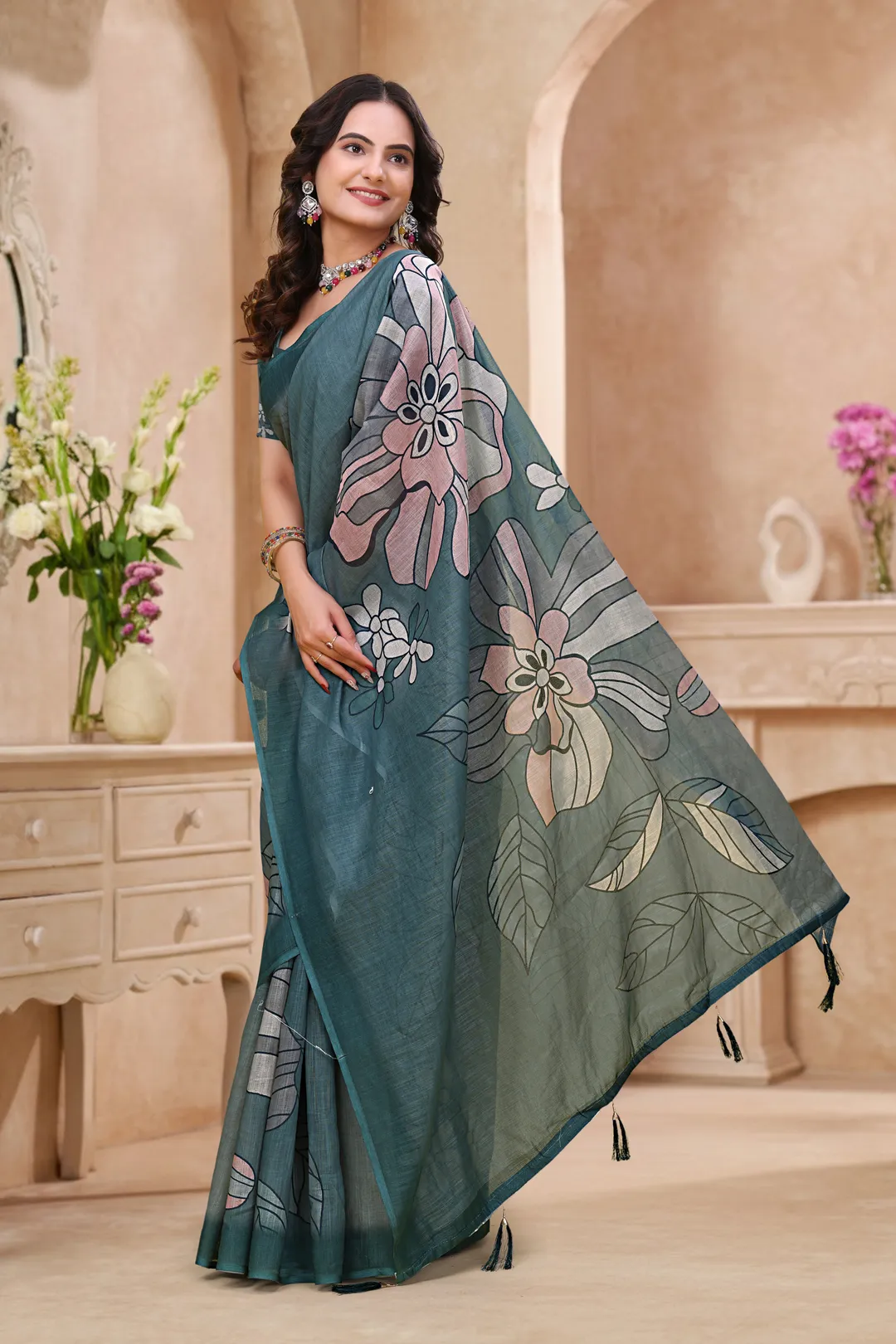 Teal Blue Linen Cotton Floral Printed Saree with Blouse Set