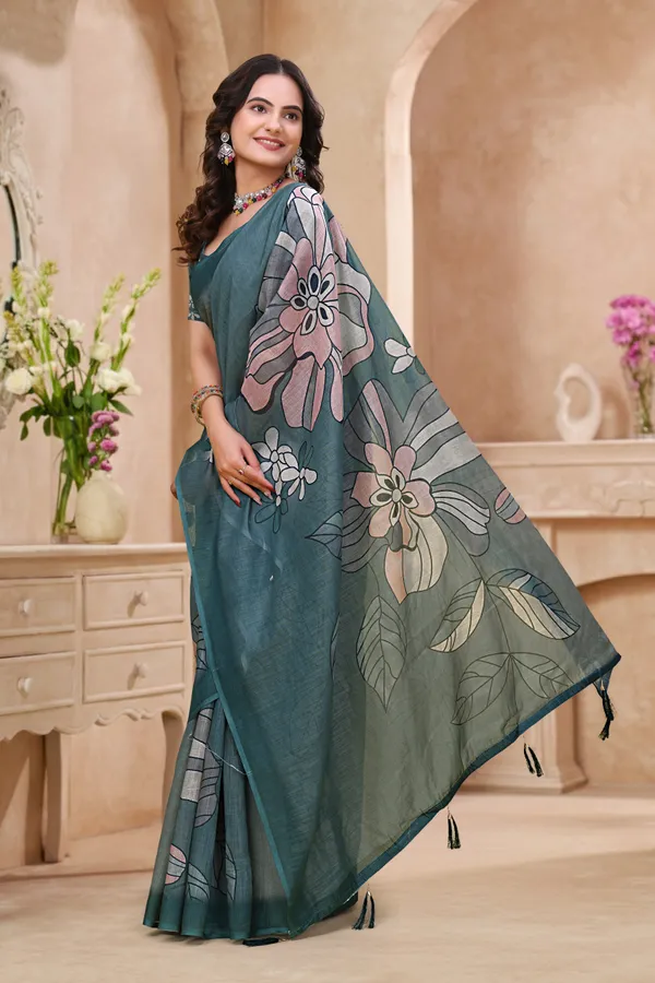 Teal Blue Linen Cotton Floral Printed Saree with Blouse Set