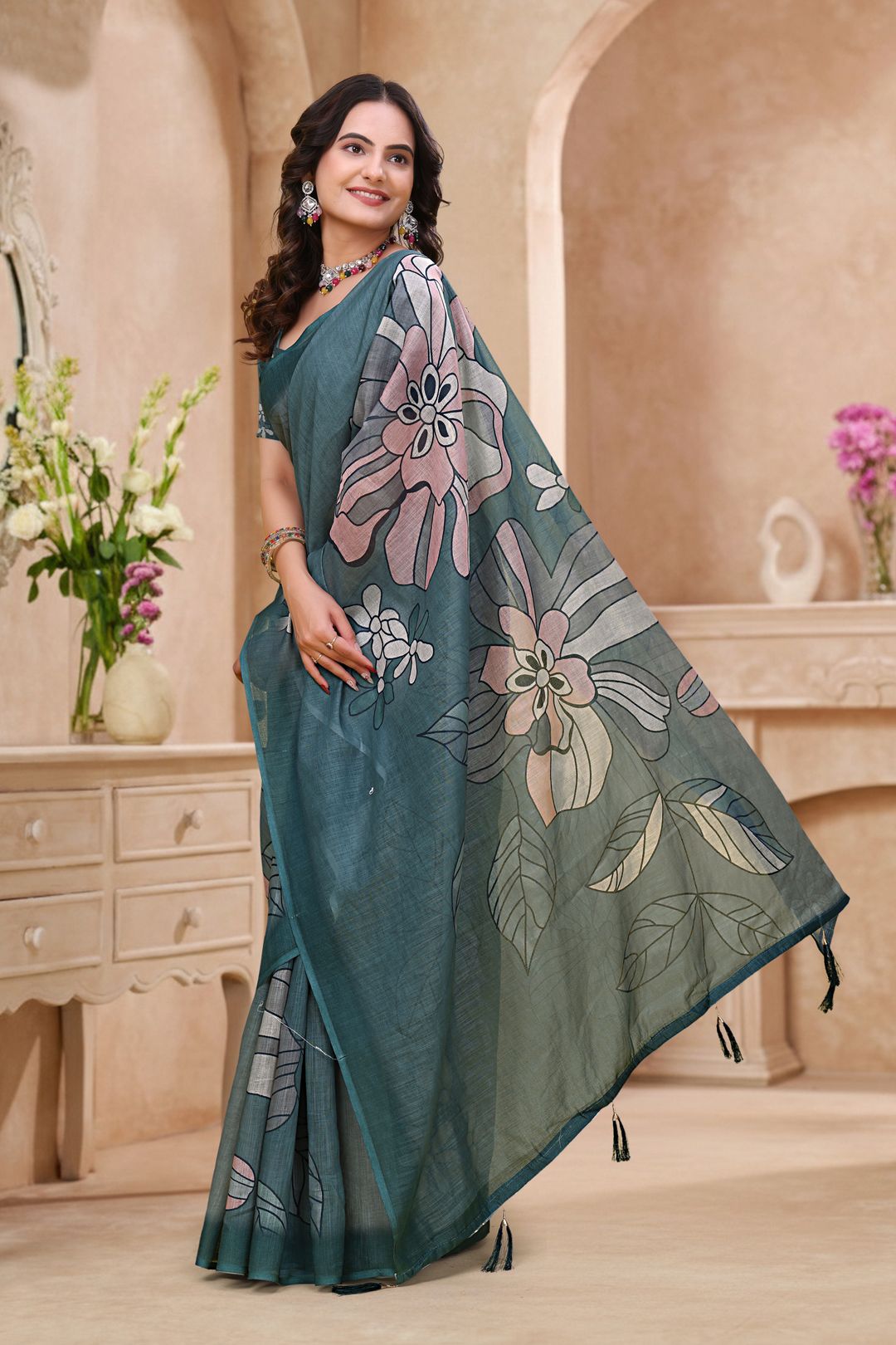 Teal Blue Linen Cotton Floral Printed Saree with Blouse Set