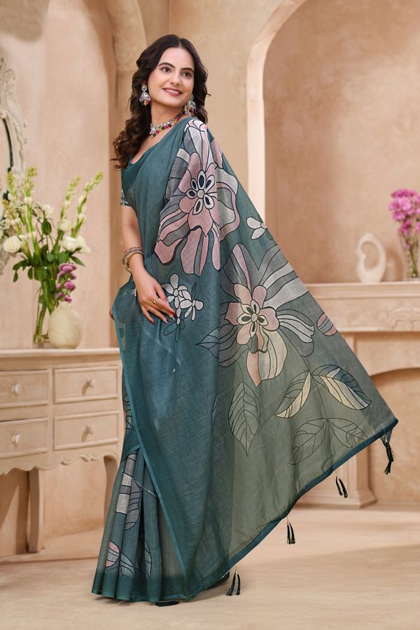 Teal Blue Linen Cotton Floral Printed Saree with Blouse Set