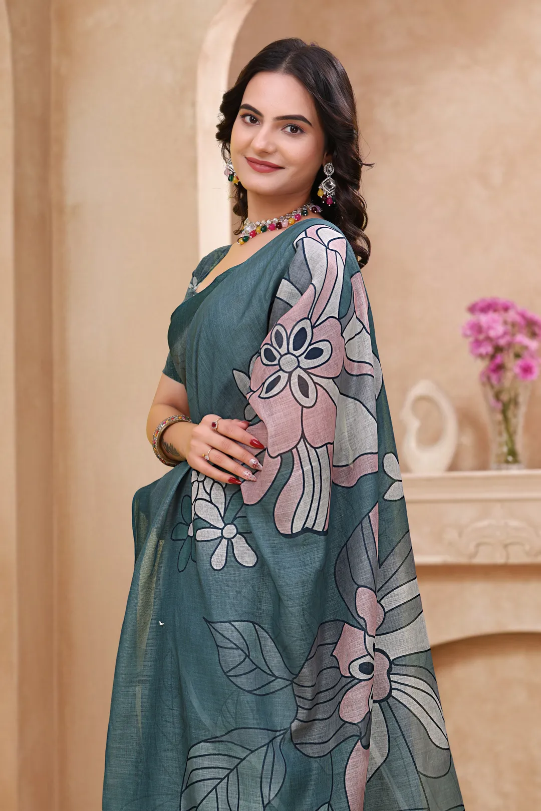 Teal Blue Linen Cotton Floral Printed Saree with Blouse Set