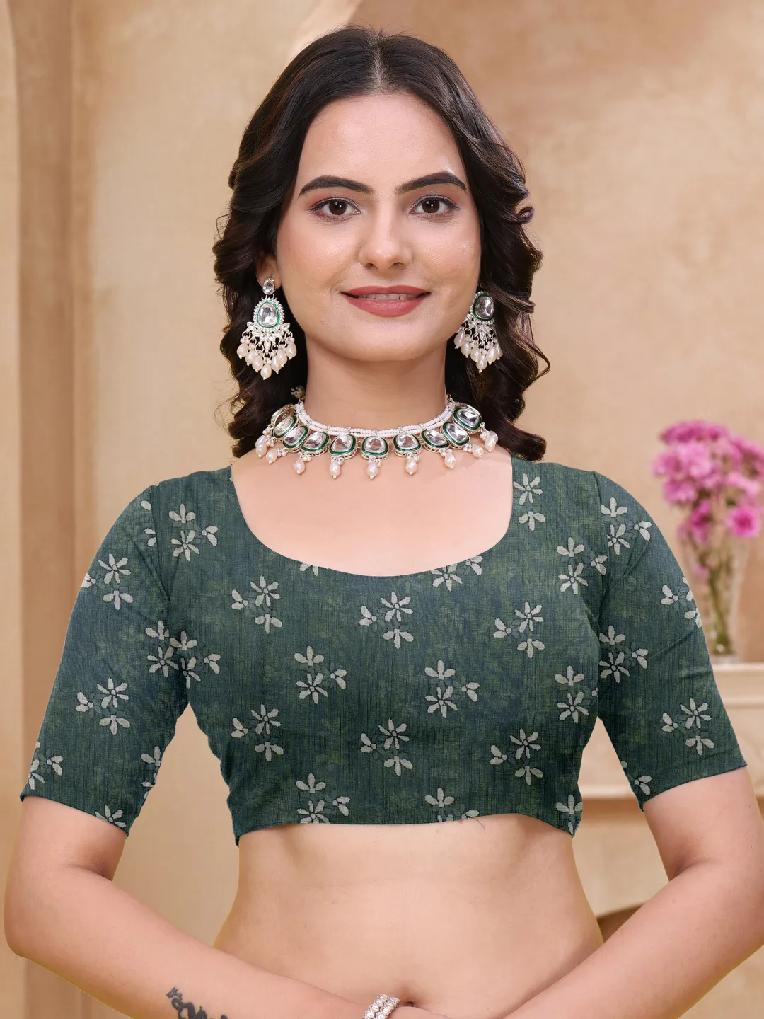 Teal Blue Linen Cotton Floral Printed Saree with Blouse Set