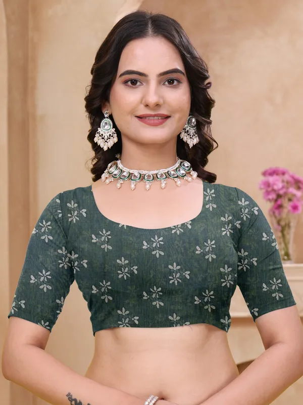 Teal Blue Linen Cotton Floral Printed Saree with Blouse Set
