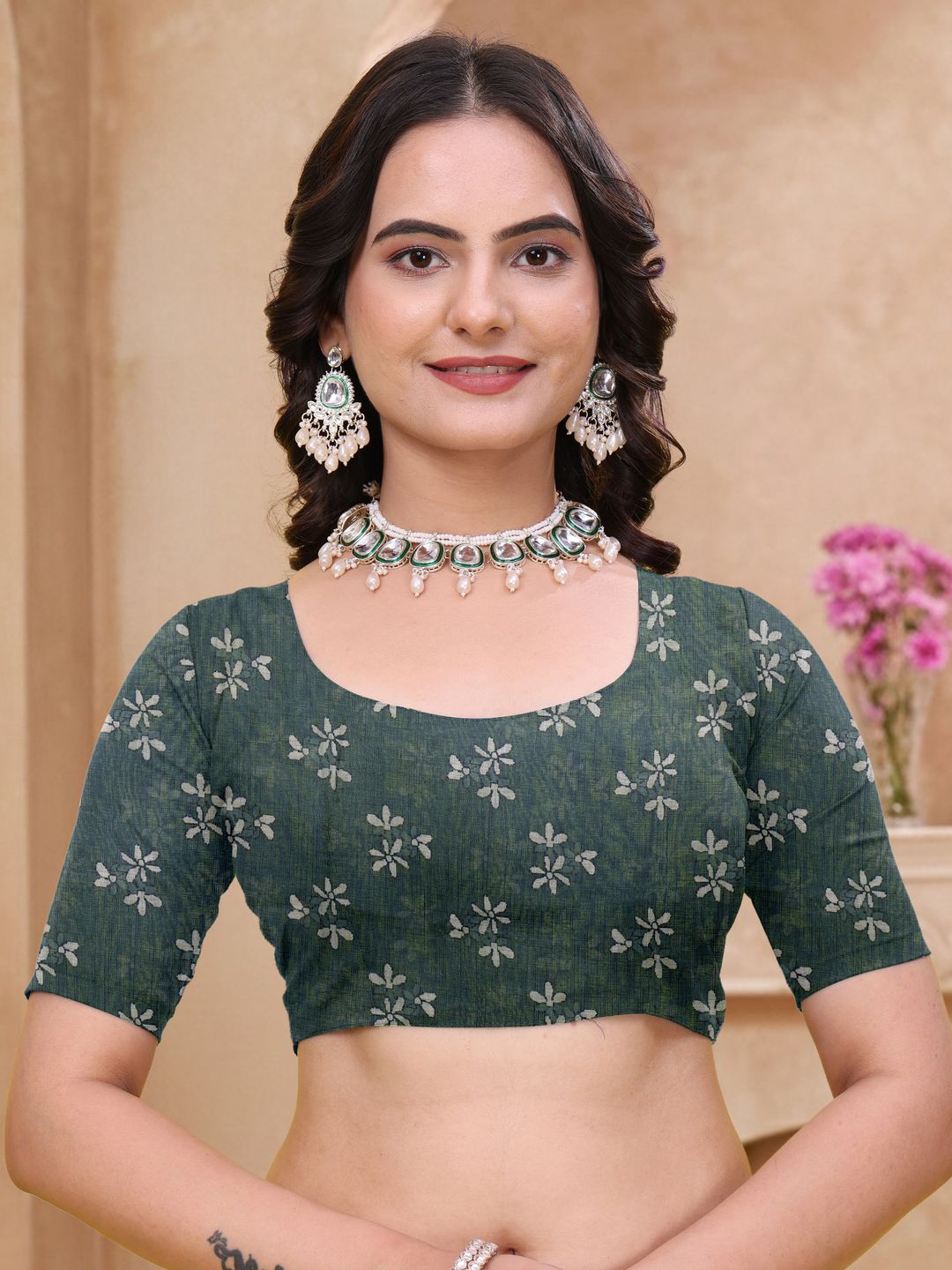 Teal Blue Linen Cotton Floral Printed Saree with Blouse Set