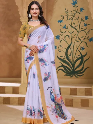 White Linen Cotton Peacock Floral Printed Saree with Blouse