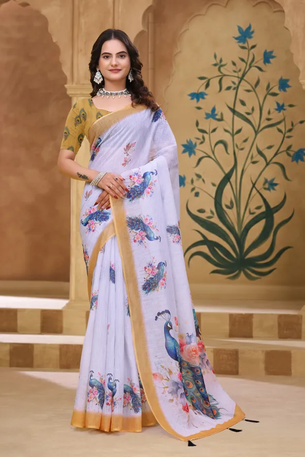 White Linen Cotton Peacock Floral Printed Saree with Blouse
