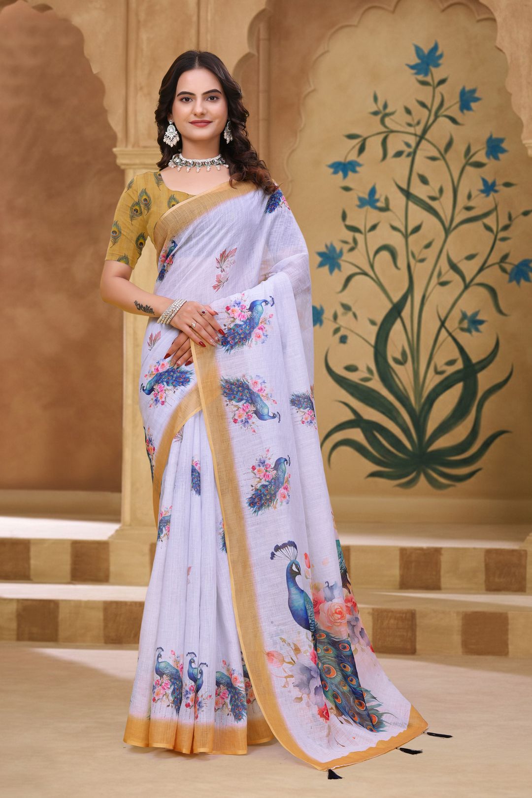 White Linen Cotton Peacock Floral Printed Saree with Blouse