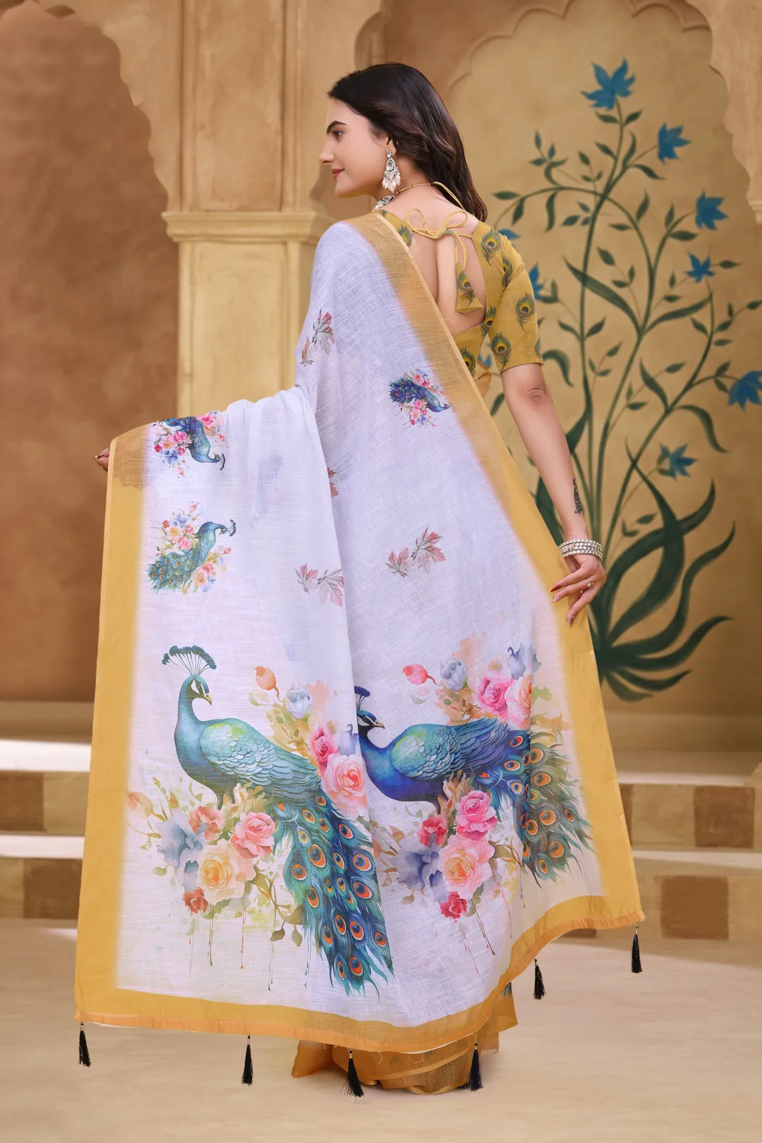 White Linen Cotton Peacock Floral Printed Saree with Blouse