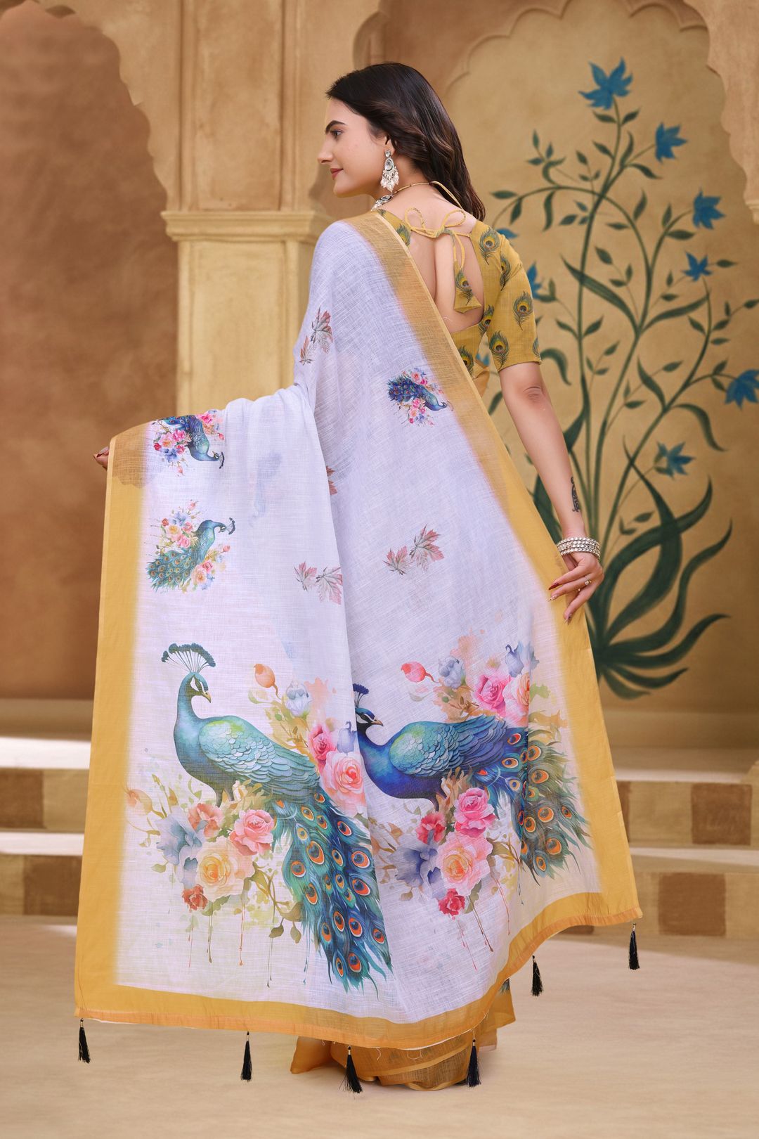 White Linen Cotton Peacock Floral Printed Saree with Blouse