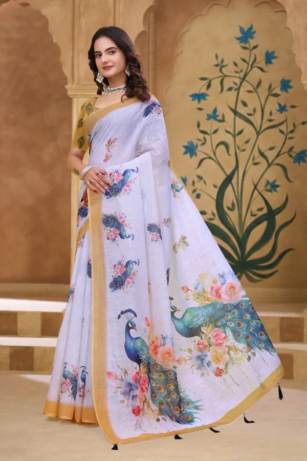 White Linen Cotton Peacock Floral Printed Saree with Blouse