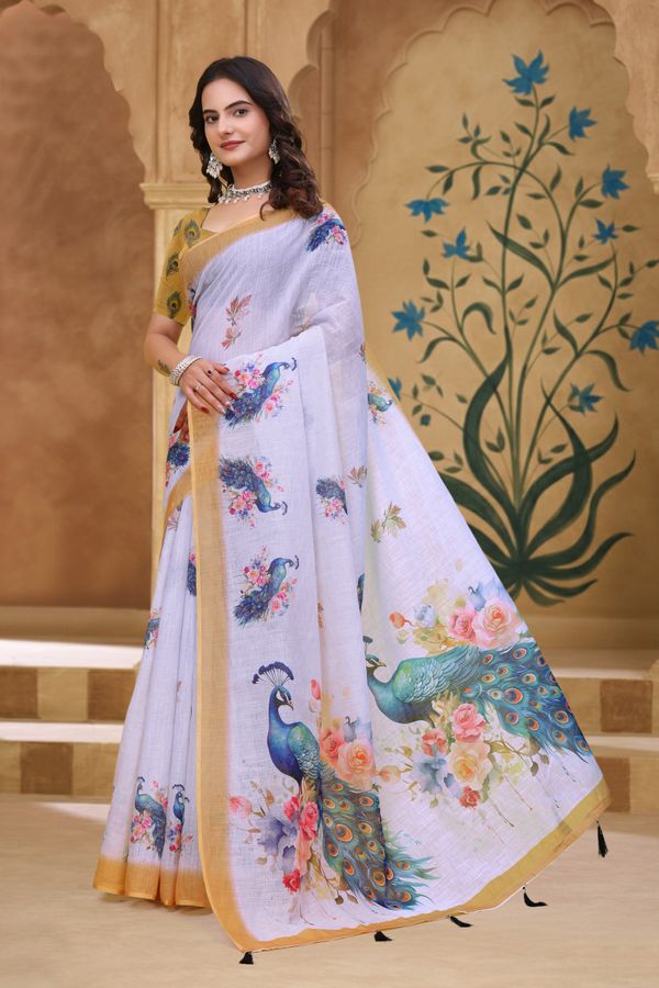 White Linen Cotton Peacock Floral Printed Saree with Blouse