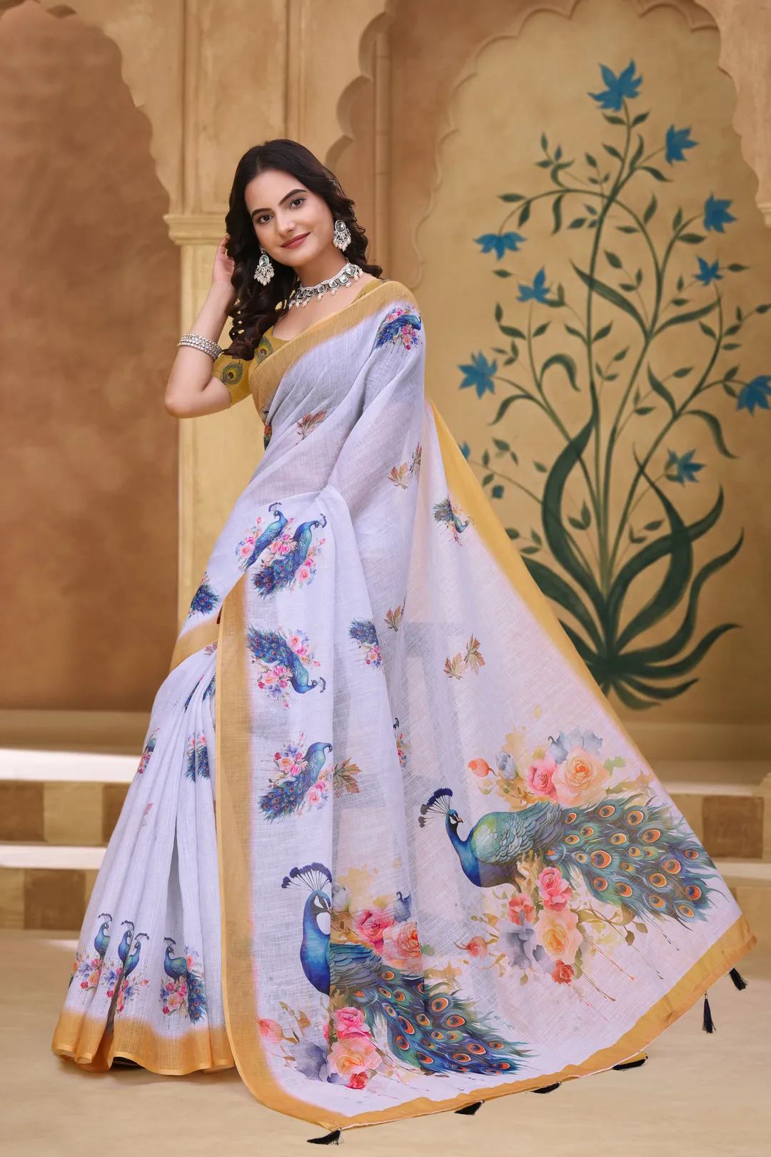 White Linen Cotton Peacock Floral Printed Saree with Blouse