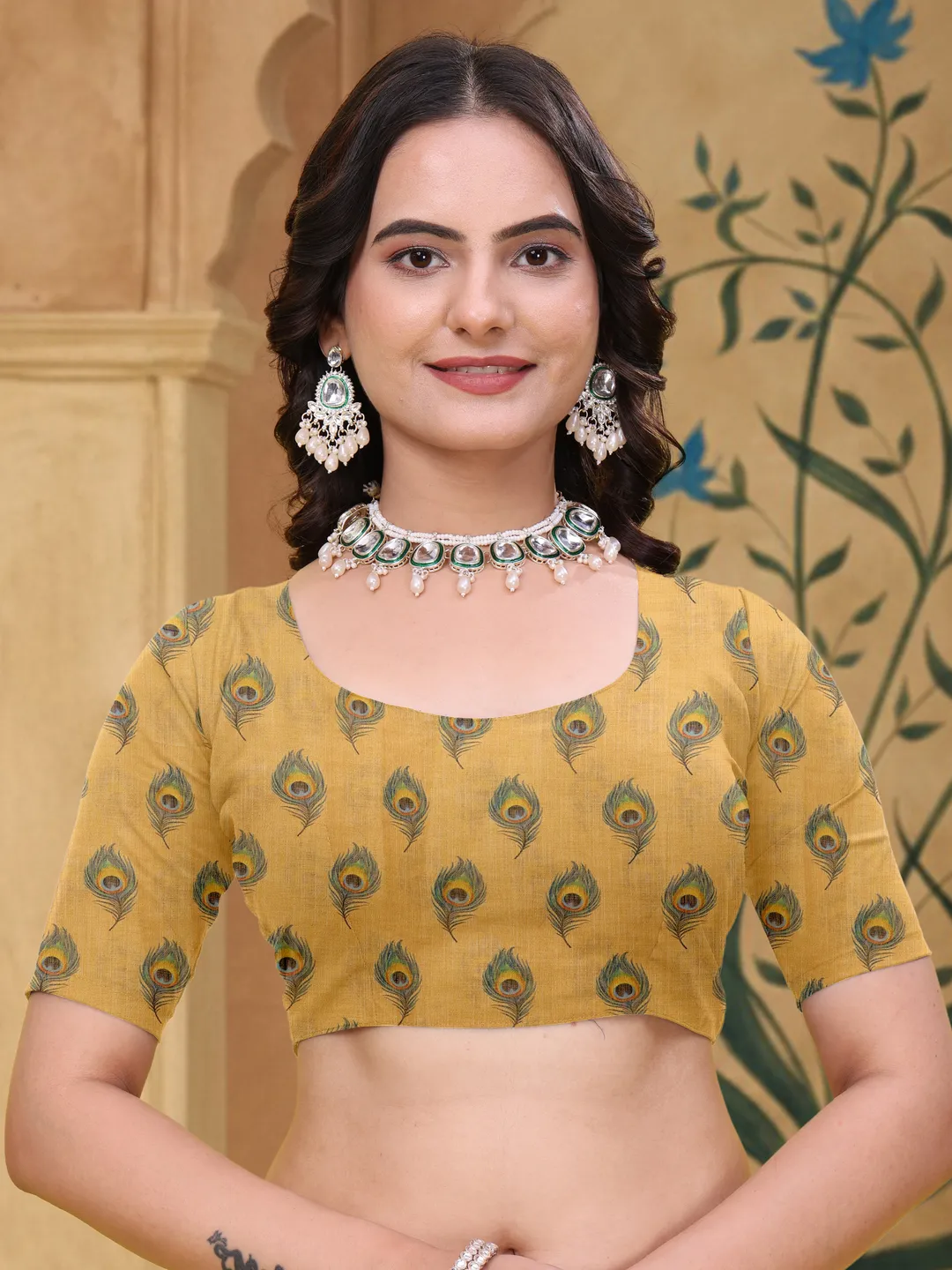 White Linen Cotton Peacock Floral Printed Saree with Blouse