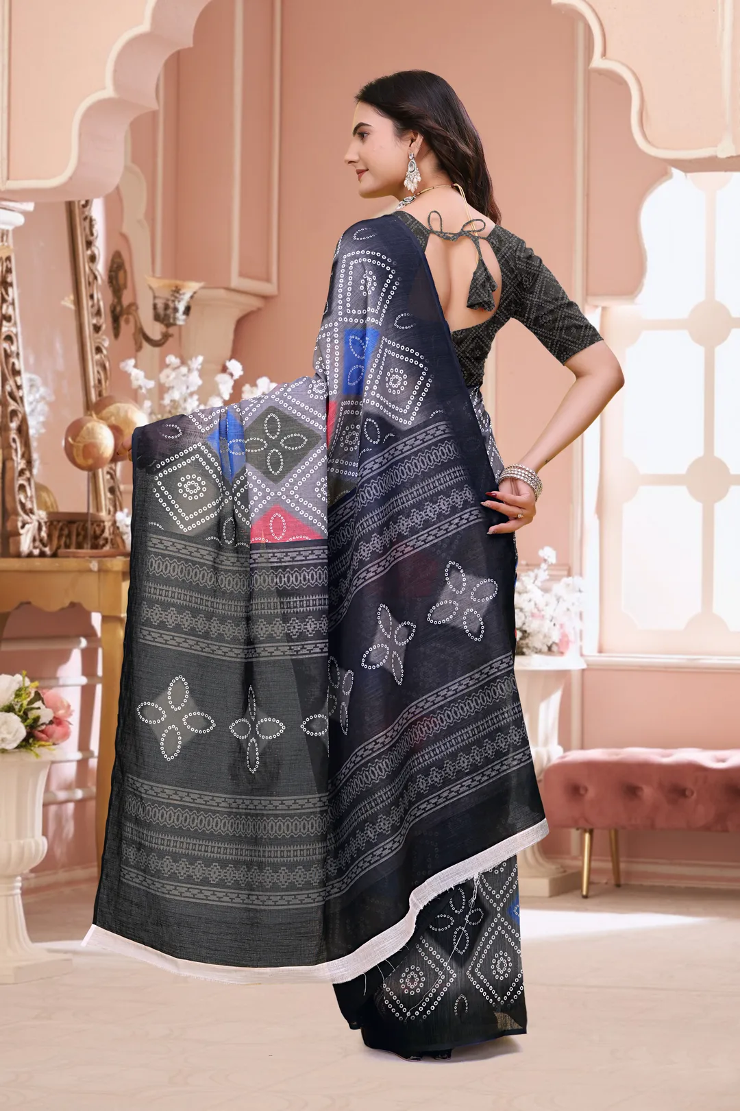 Navy Blue Linen Cotton Bandhani Print Saree with Blouse Set