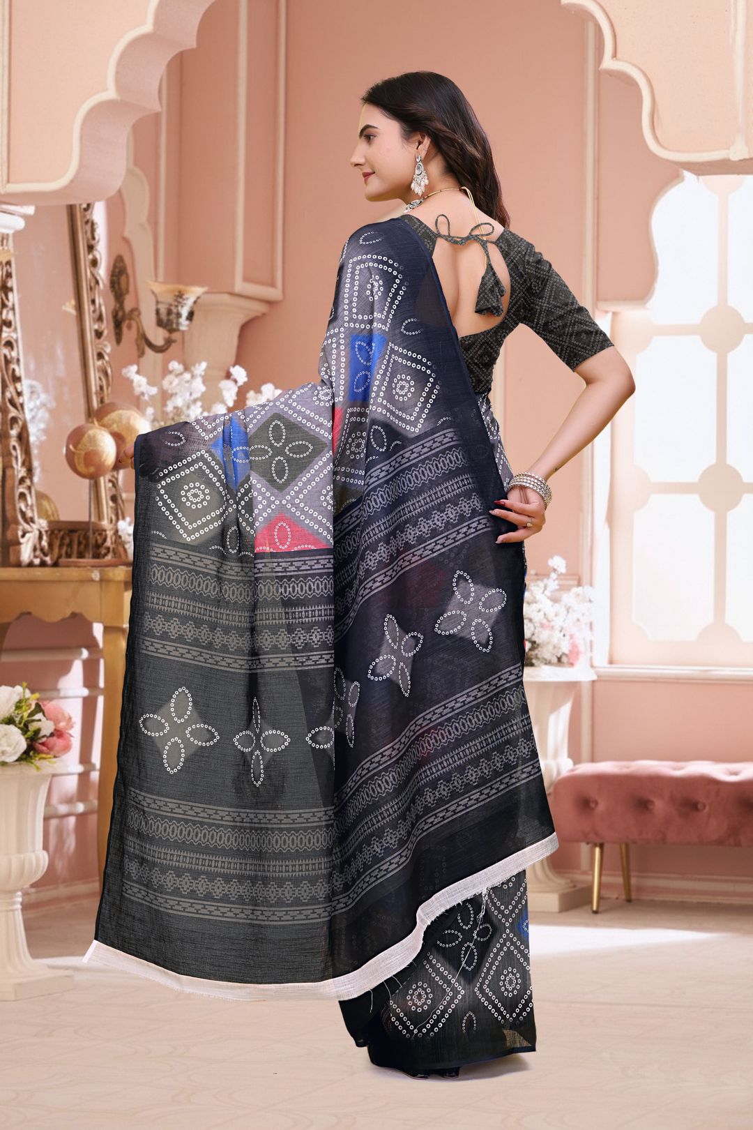 Navy Blue Linen Cotton Bandhani Print Saree with Blouse Set