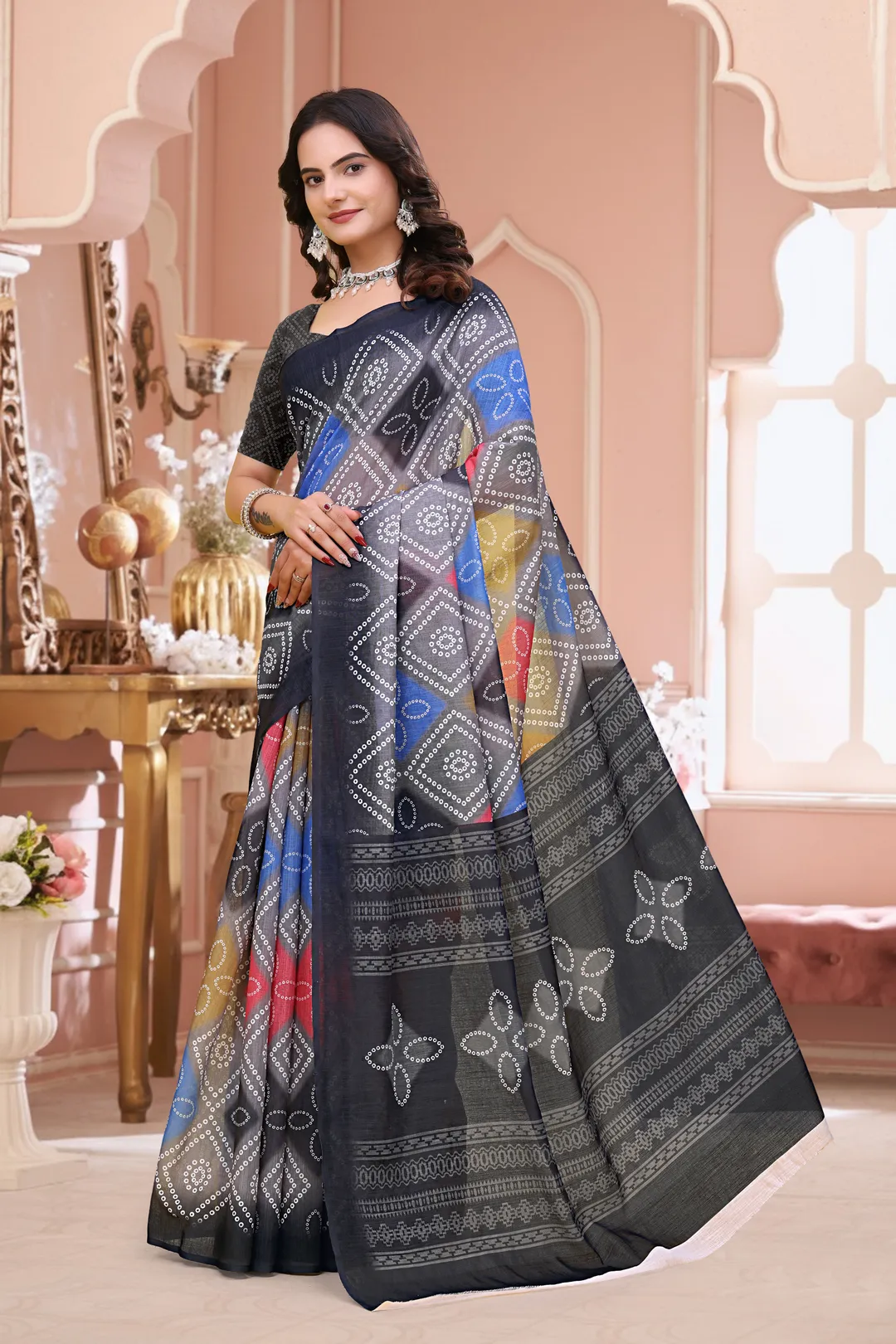 Navy Blue Linen Cotton Bandhani Print Saree with Blouse Set