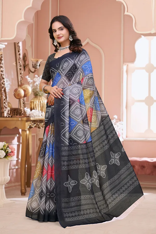 Navy Blue Linen Cotton Bandhani Print Saree with Blouse Set