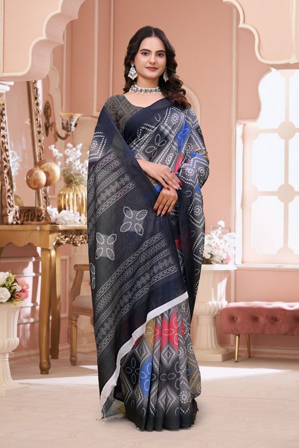 Navy Blue Linen Cotton Bandhani Print Saree with Blouse Set