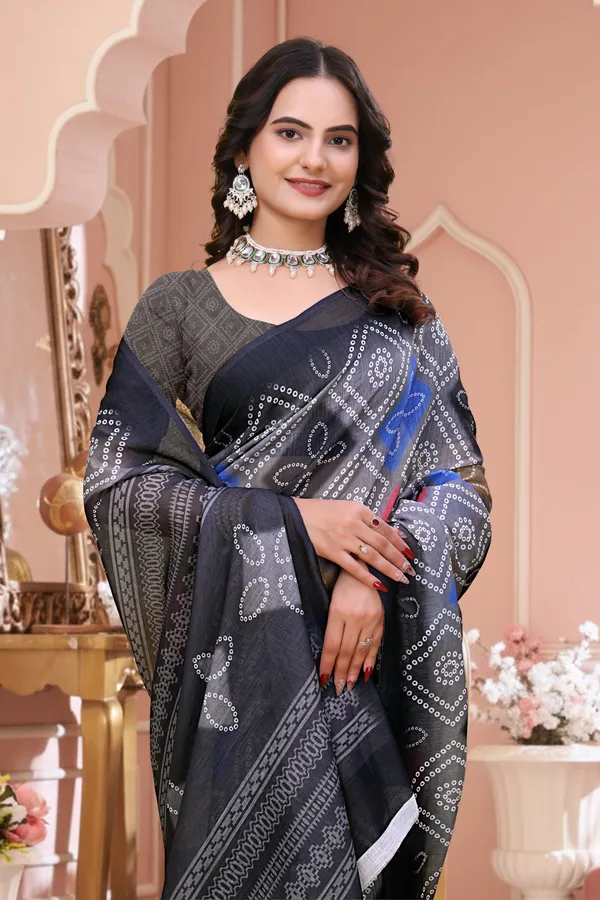 Navy Blue Linen Cotton Bandhani Print Saree with Blouse Set