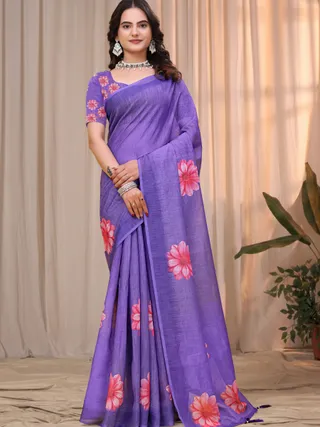 Purple Linen Cotton Floral Printed Saree with Blouse