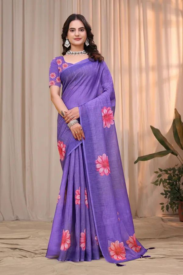 Purple Linen Cotton Floral Printed Saree with Blouse