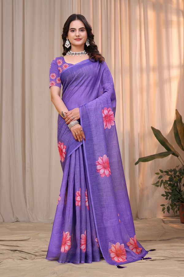 Purple Linen Cotton Floral Printed Saree with Blouse