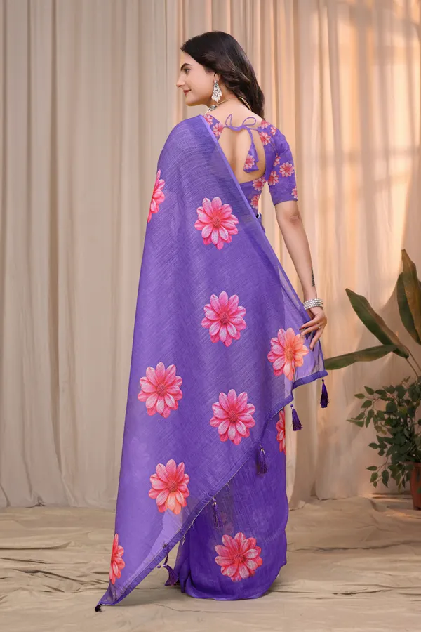 Purple Linen Cotton Floral Printed Saree with Blouse