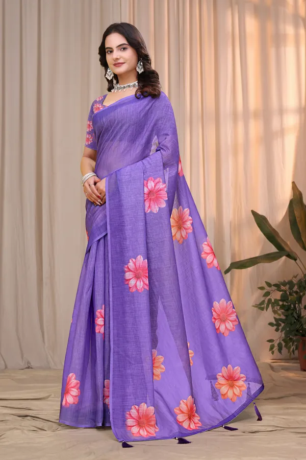 Purple Linen Cotton Floral Printed Saree with Blouse