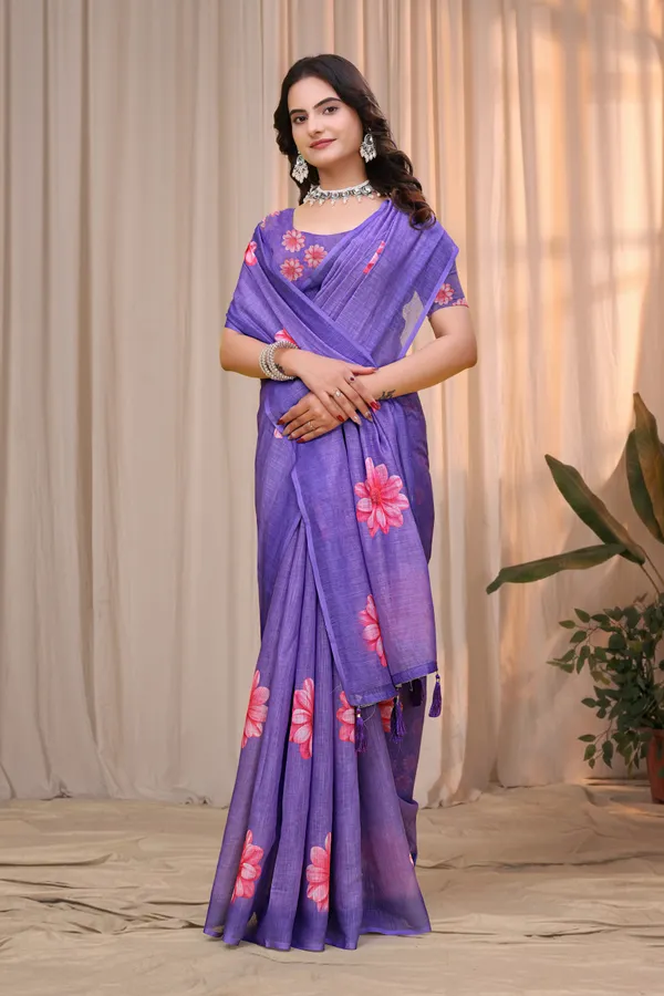 Purple Linen Cotton Floral Printed Saree with Blouse