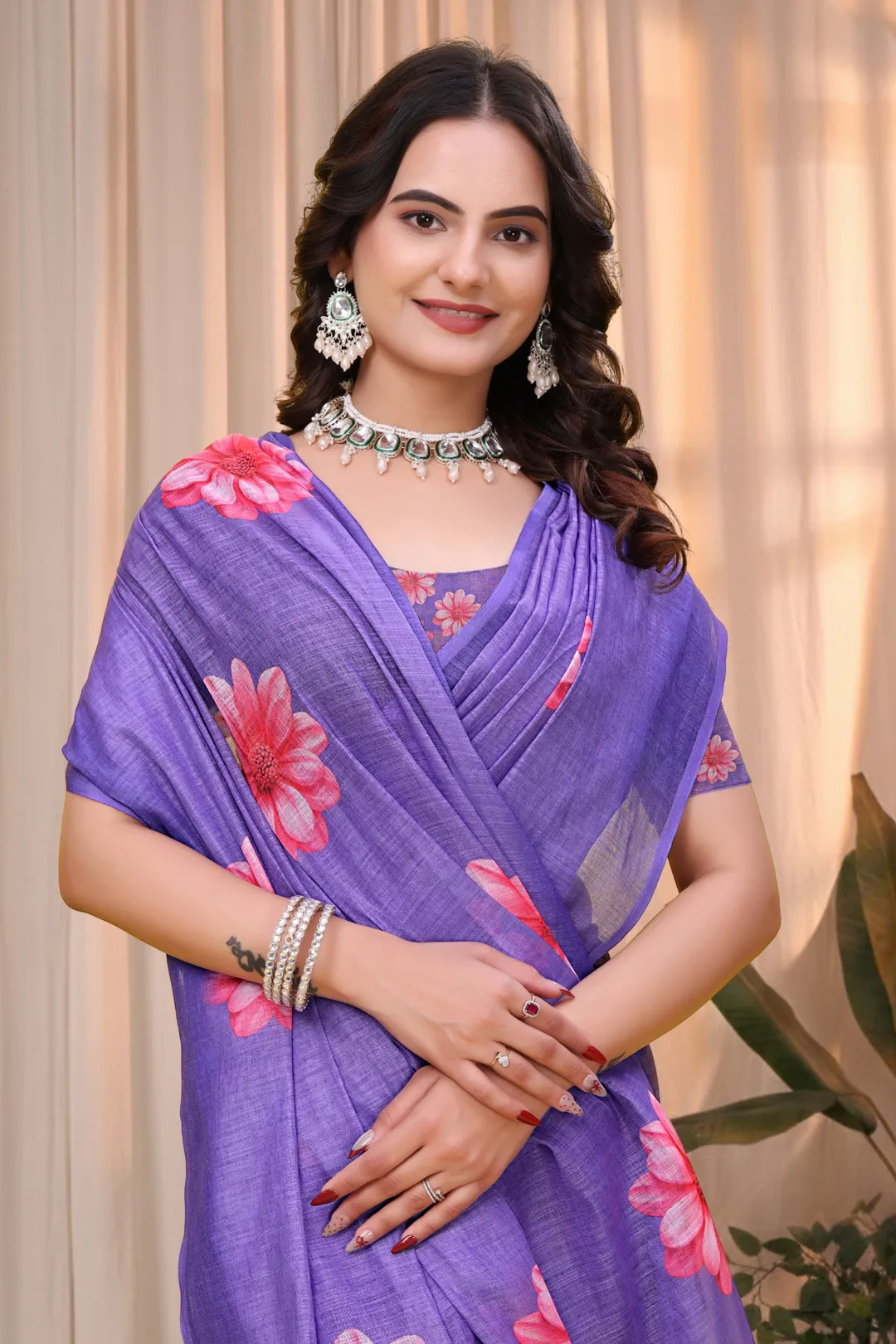 Purple Linen Cotton Floral Printed Saree with Blouse