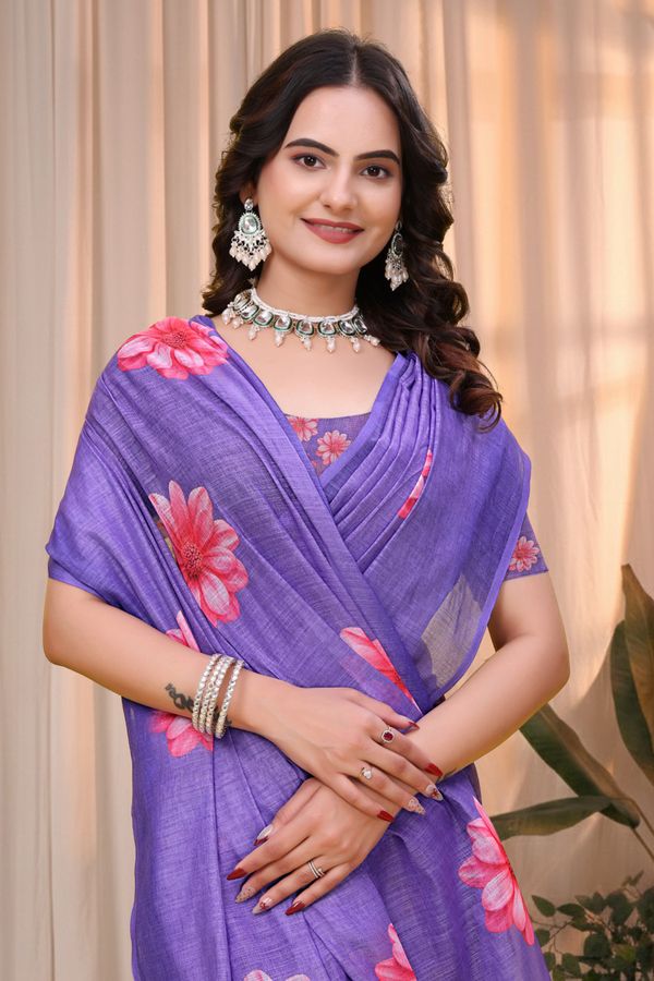 Purple Linen Cotton Floral Printed Saree with Blouse