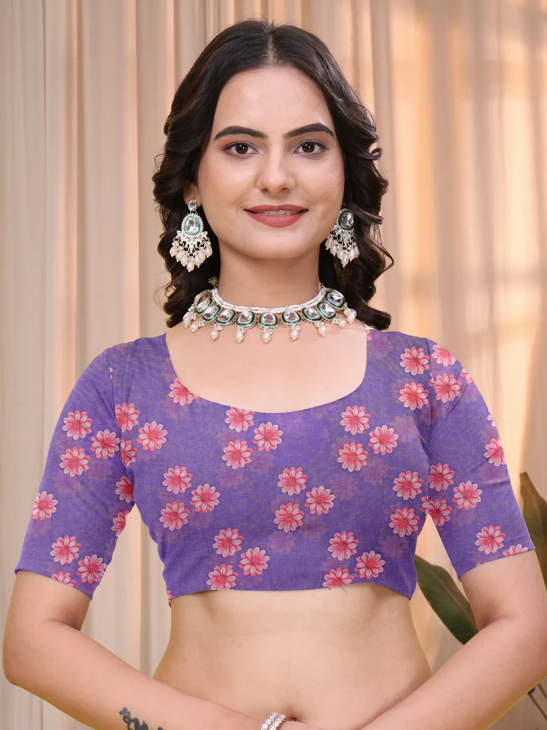Purple Linen Cotton Floral Printed Saree with Blouse