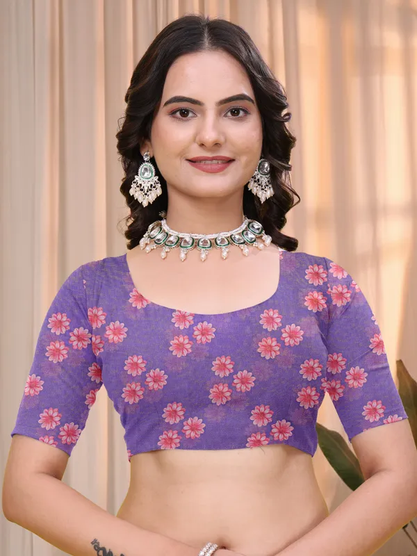 Purple Linen Cotton Floral Printed Saree with Blouse