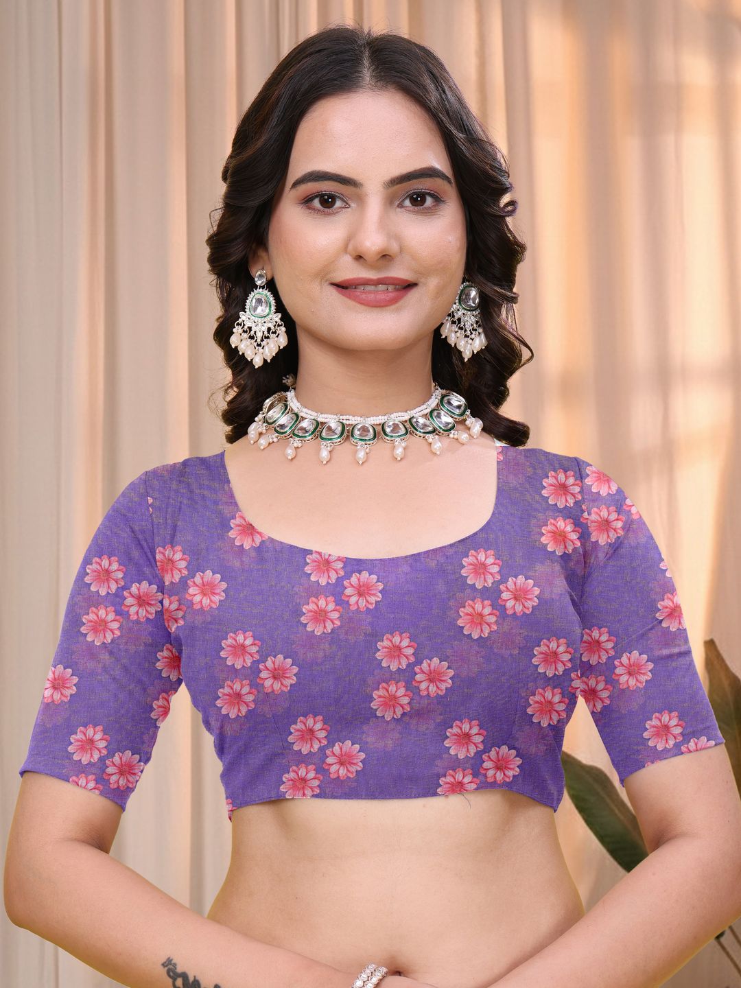 Purple Linen Cotton Floral Printed Saree with Blouse