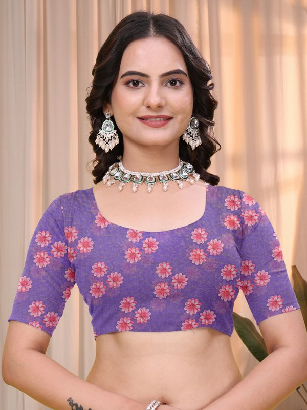 Purple Linen Cotton Floral Printed Saree with Blouse