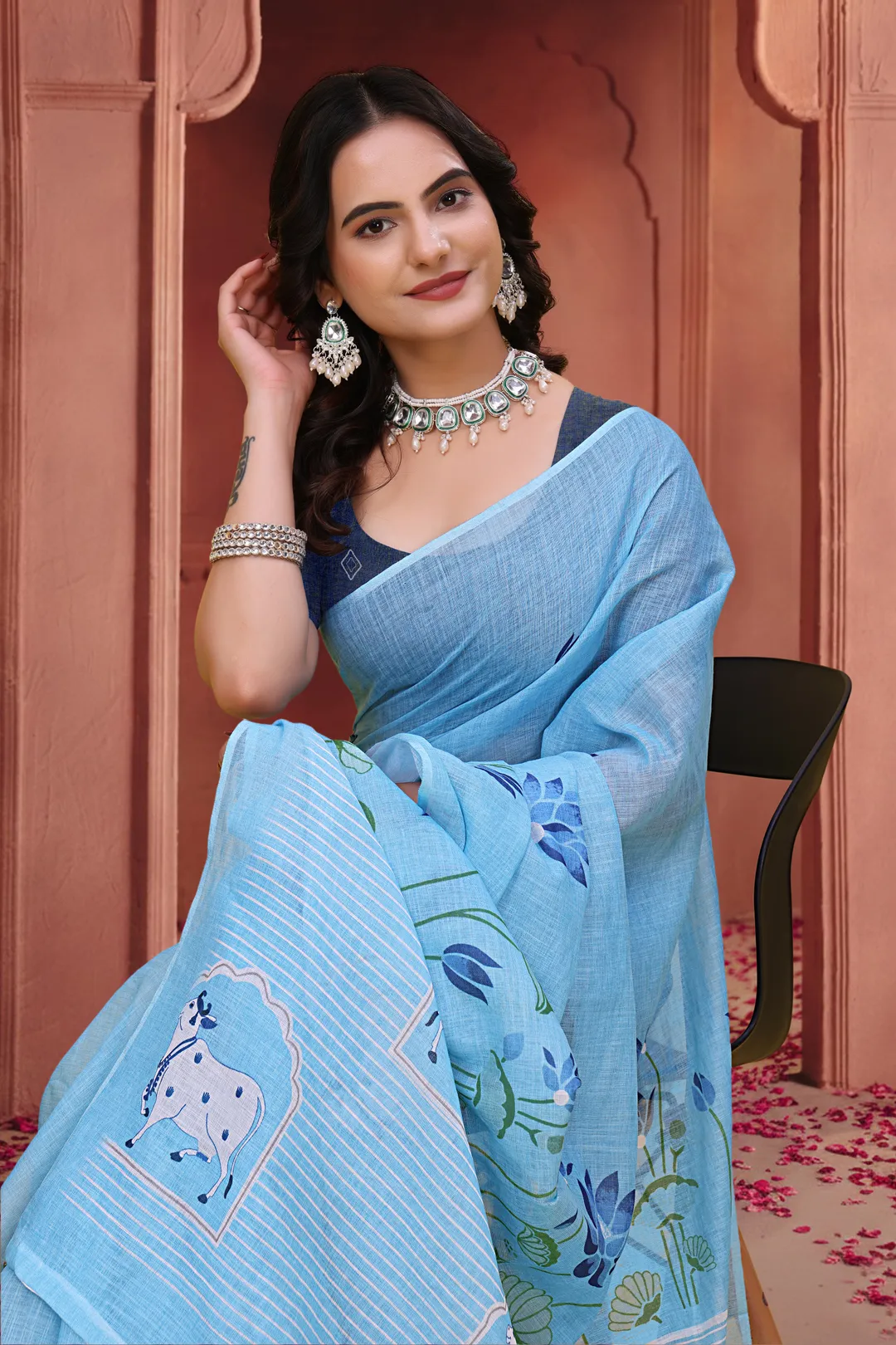 Sky Blue Linen Cotton Floral Sarees with Printed Cow Motifs