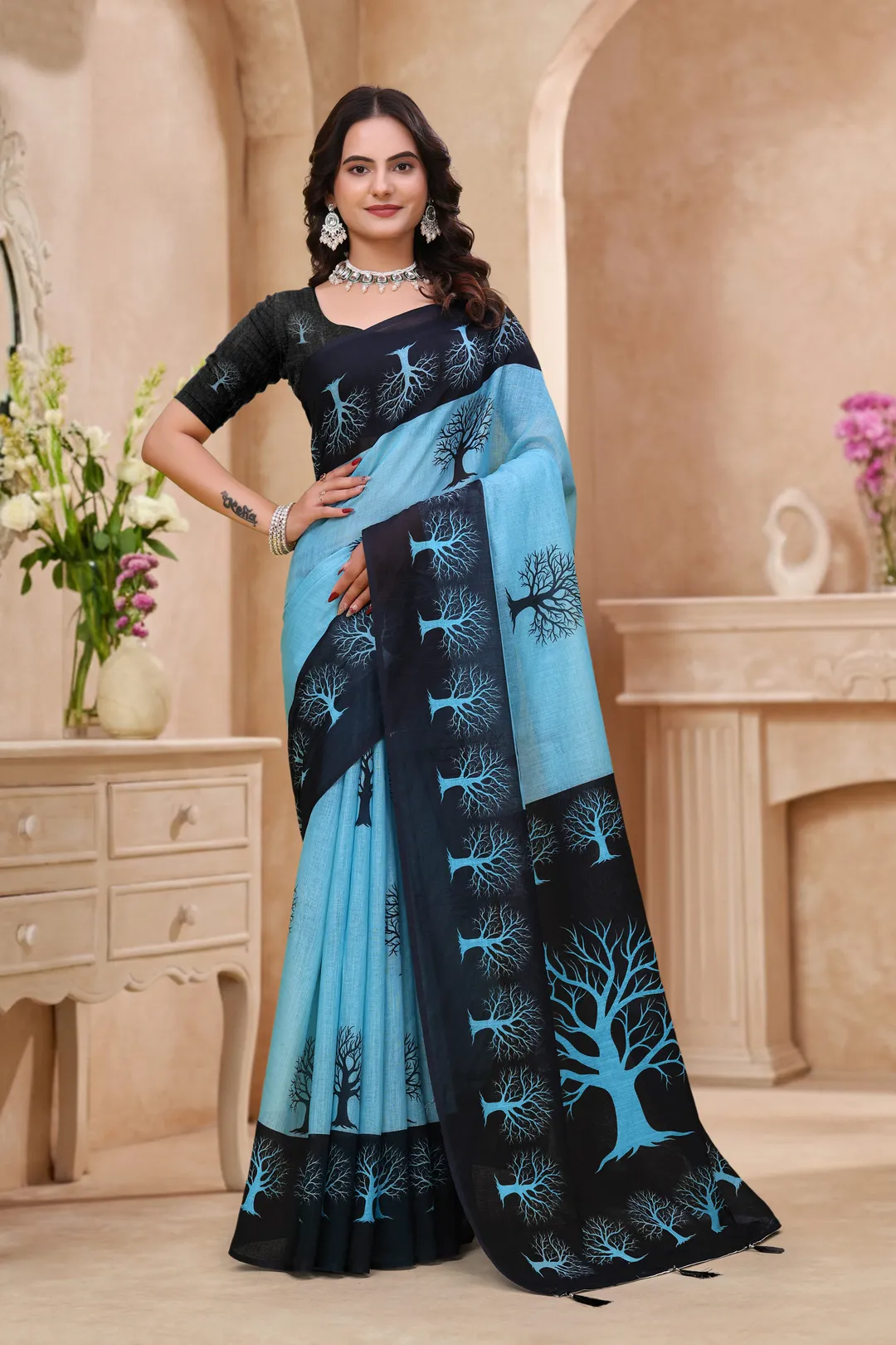 Black-Blue Linen Cotton Tree Motif Printed Saree for Women
