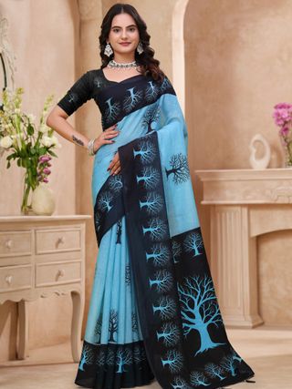 Black-Blue Linen Cotton Tree Motif Printed Saree for Women
