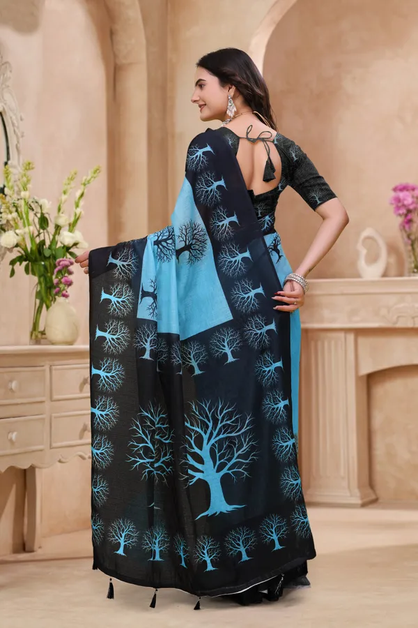 Black-Blue Linen Cotton Tree Motif Printed Saree for Women